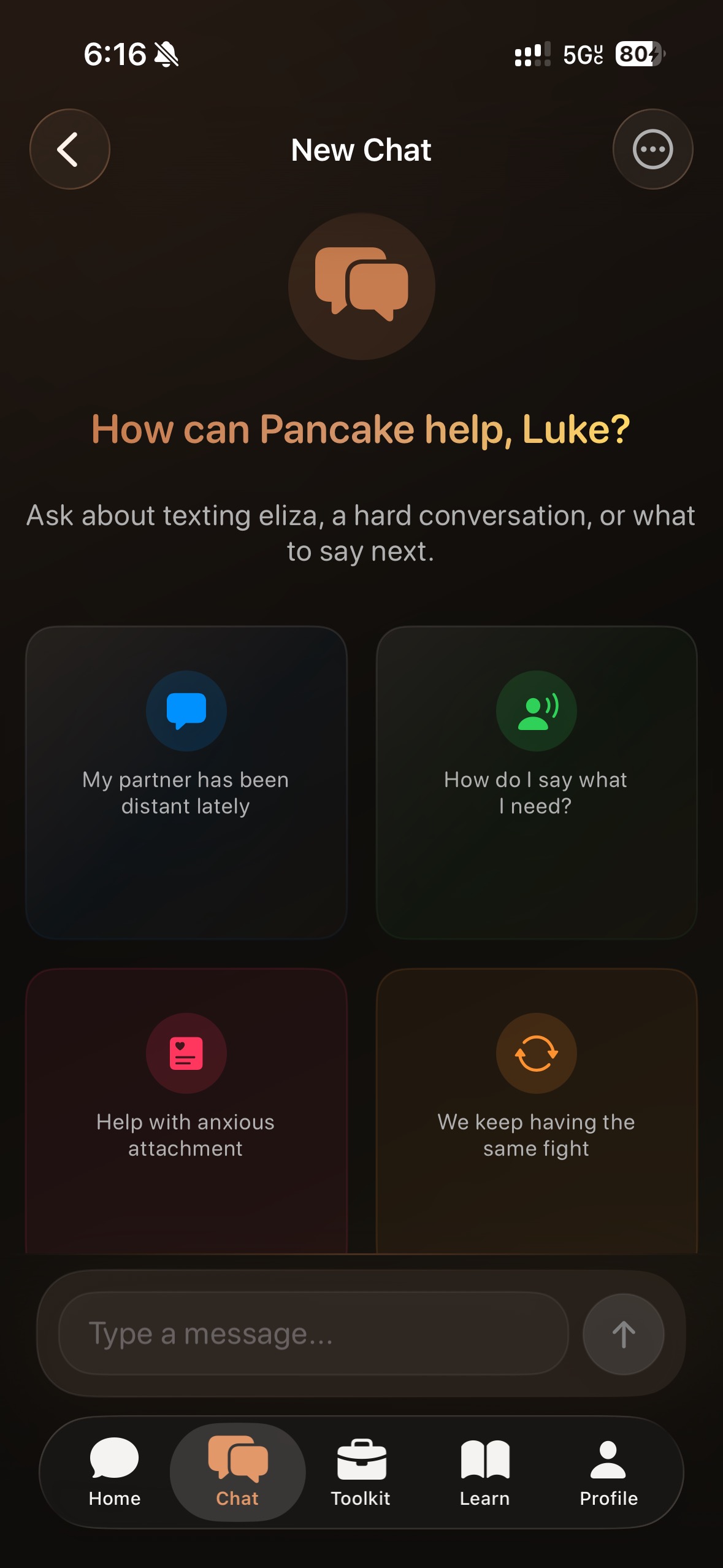 Pancake AI chat support screen